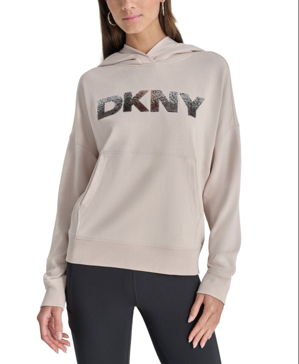 DKNY Women's Sequin Fleece Hoodie Large Taupe Tan Pullover Sweatshirt NWT